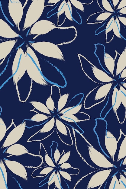 Las flores están delineadas con líneas azules y blancas audaces que dan el diseño y el patrón floral con un fondo azul marino y flores estilizadas de color crema