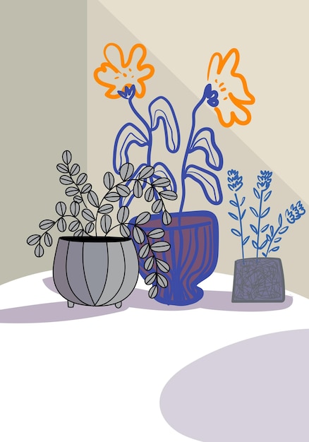 Flores estéticas en jarrón ilustración vectorial dibujada a mano Flores y plantas tarjetas de portada de impresión artística