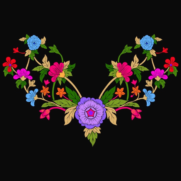 Flores étnicas garabatos cuello línea bordado.