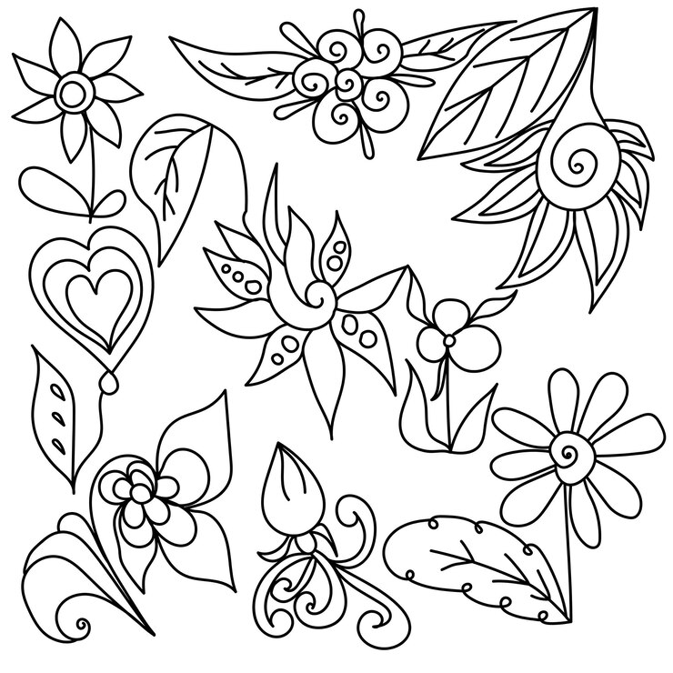 Vector flores de fantasía y motivos vegetales elementos para colorear el antistres en un estilo naturalista