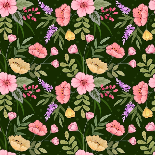 Flores en flor de colores en fondo de color verde patrón sin costuras para papel tapiz textil de tela