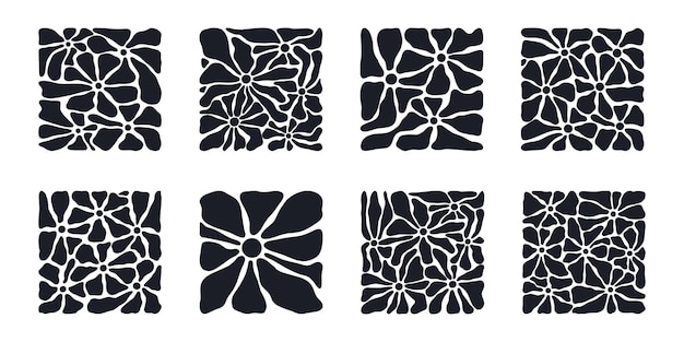Flores en flor formas cuadradas Flores siluetas de diseño floral abstracto elementos de diseño contemporáneos en forma cuadrada conjunto de ilustraciones vectoriales planas Formas botánicas modernas