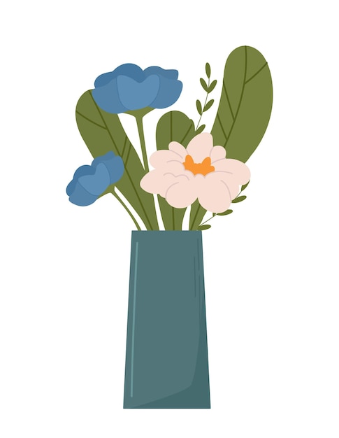 Flores en florero concepto ramo de plantas en jarra azul regalo romántico y regalo belleza y elegancia
