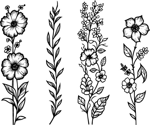 Flores en un fondo blanco aislado Ilustración botánica