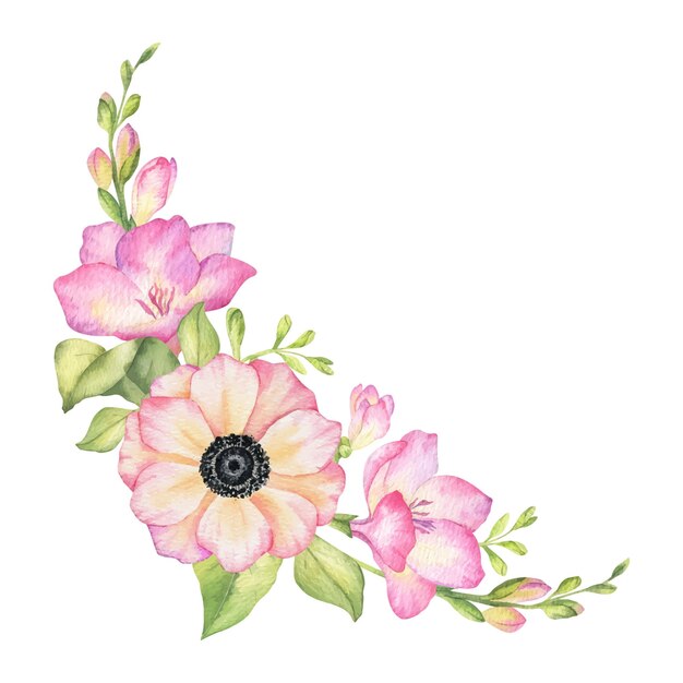 Flores de freesia rosadas, brotes y hojas Ramo de flores de jardín Ilustración de acuarela dibujada a mano aislada Diseño floral de verano para tarjetas de invitaciones de boda Empaque de bienes