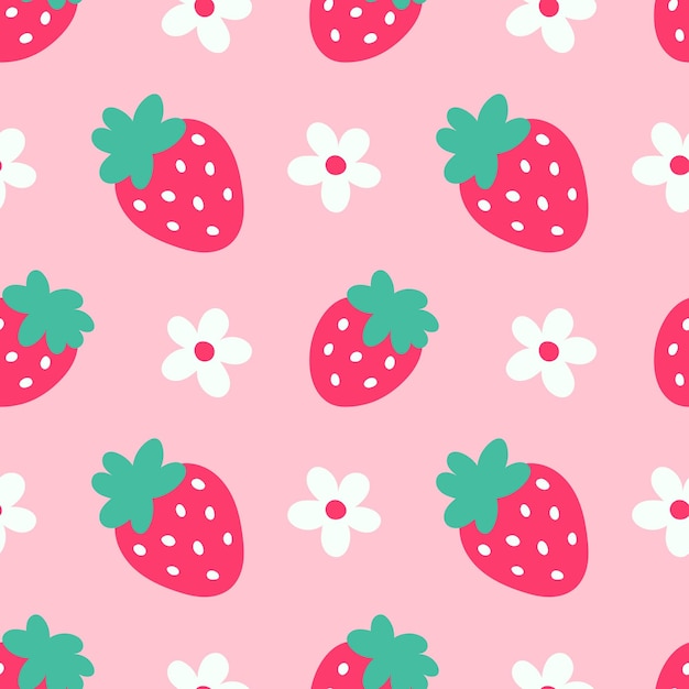 Vector flores de fresa verano patrón vectorial sin costuras niños39s fondo repetitivo con frutas de verano en rosa diseño lindo para embalaje de regalo de tela