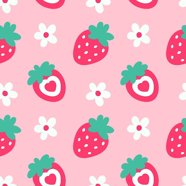 Vector flores de fresa verano patrón vectorial sin costuras niños39s fondo repetitivo con frutas de verano en rosa diseño lindo para embalaje de regalo de tela
