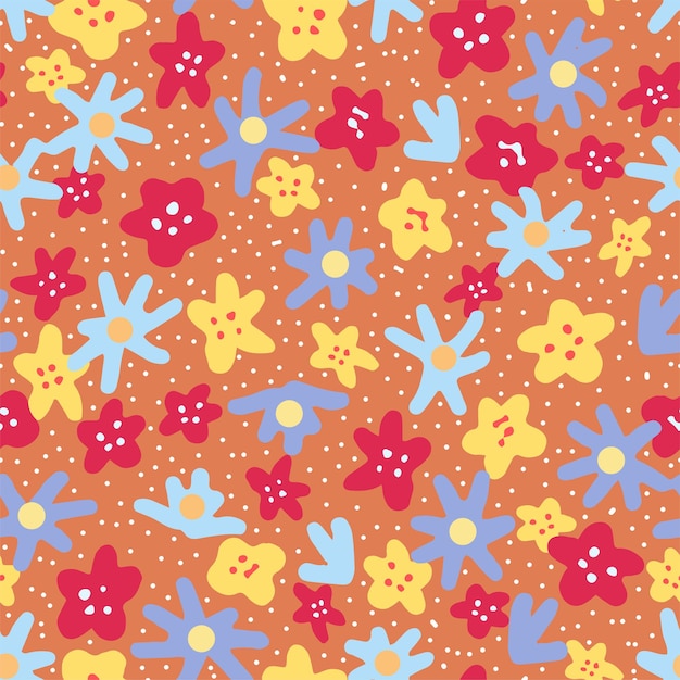 Flores garabatos y puntos. patrón transparente de vector dibujado a mano. Adorno de dibujos animados de colores. Diseño floral universal para tela, textil, fondo, papel tapiz, decoración.