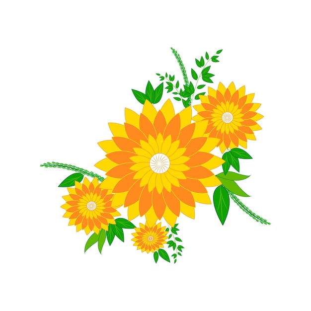 Flores de Gazania y hojas verdes y bayas en una composición floral aislada en ilustraciones vectoriales