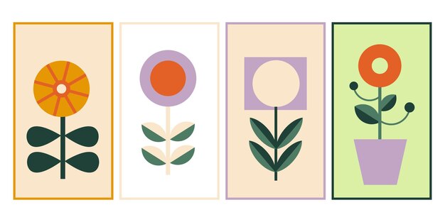 Flores geométricas modernas del cartel abstracto en estilo plano Bauhaus