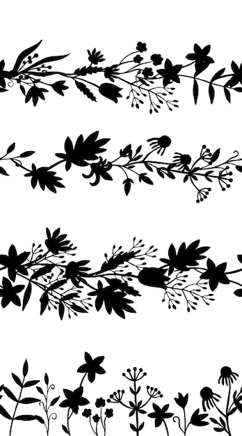 Flores y hierbas diseño vectorial horizontal vector transparente sobre fondo blanco botánica en tinta