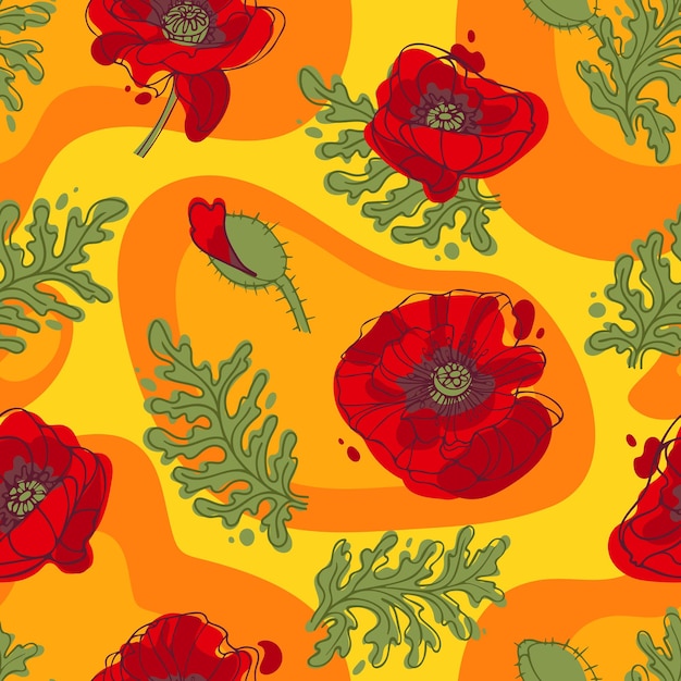 Flores y hojas de amapolas en manchas de color patrón de verano soleado y brillante en amarillo naranja ilustración botánica para embalaje de impresión de tela de papel tapiz