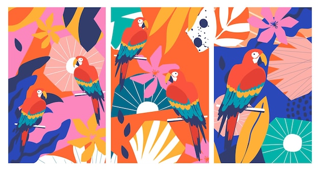 Flores y hojas coloridas fondo del cartel con diseño vectorial de loros