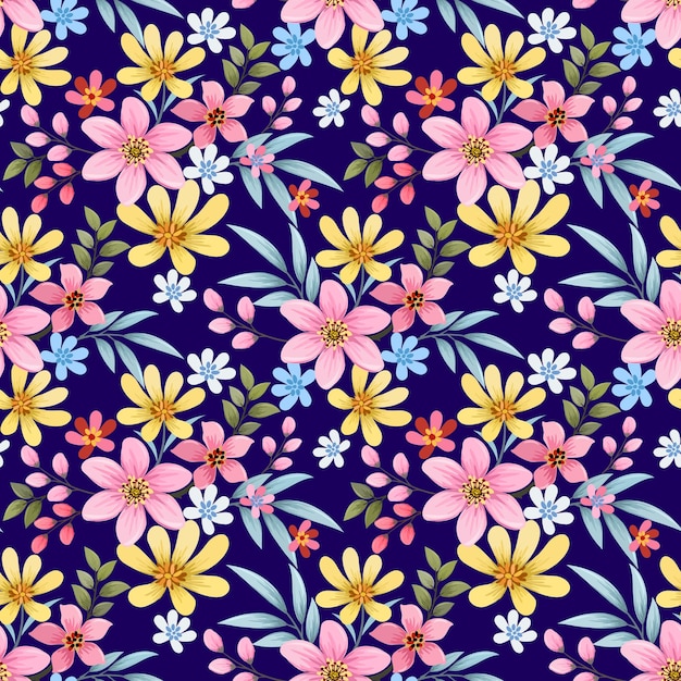 flores y hojas coloridas en un fondo de color púrpura con un patrón sin costuras