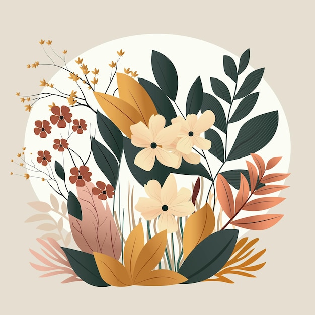 Flores con hojas decoradas sobre fondo beige composición botánica para tarjeta de felicitación