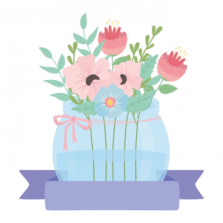 Vector flores y hojas dentro de maceta