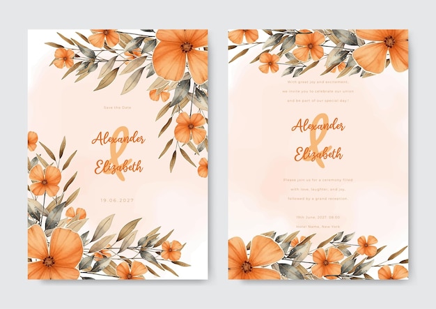 Flores y hojas desnudas en acuarela tarjeta de invitación de boda con diseño de texto