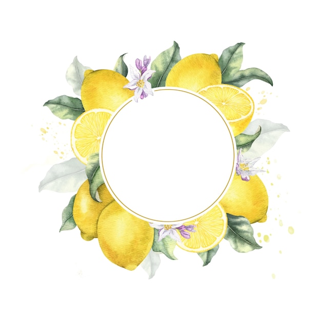 Flores y hojas de frutas de limón Marco de acuarela dibujado a mano aislado Corona de cítricos tropicales plantilla para paquetes de menú tarjetas textiles cosméticas