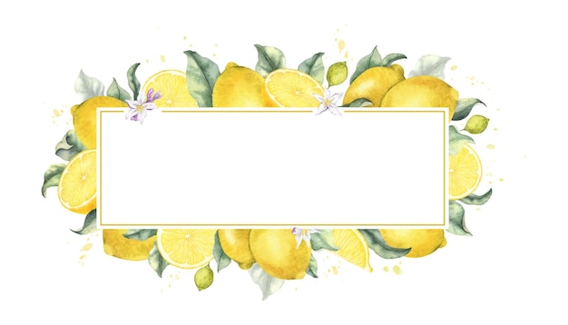 Flores y hojas de frutas de limón Marco de acuarela dibujado a mano aislado Corona de cítricos tropicales plantilla para paquetes de menú tarjetas textiles cosméticas