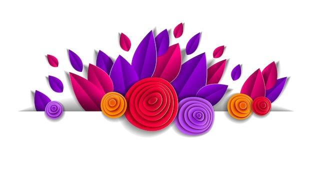 Flores y hojas de otoño hermoso elemento de línea de fondo con espacio de copia en blanco para texto, ilustración vectorial en estilo de corte de papel. Invitación de boda o tarjeta de felicitación romántica.