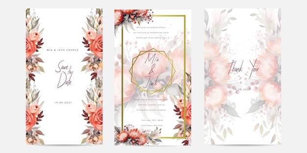 Flores y hojas de rosa naranja acuarela diseño de tarjeta de invitación de boda invitación de voda