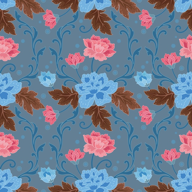 Flores y hojas sobre fondo de color azul en patrones sin fisuras de estilo batik para papel tapiz textil de tela impresa