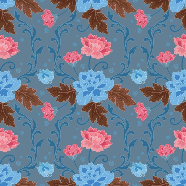 Flores y hojas sobre fondo de color azul en patrones sin fisuras de estilo batik para papel tapiz textil de tela impresa