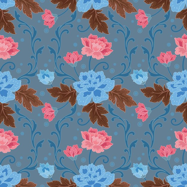 Flores y hojas sobre fondo de color azul en patrones sin fisuras de estilo batik para papel tapiz textil de tela impresa