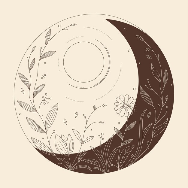 Flores y hojas sol y luna en arte de estilo mono línea Ilustración vectorial