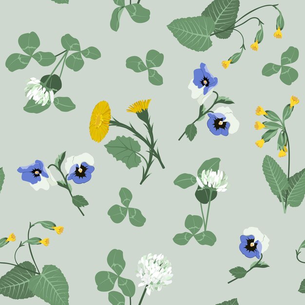 Las flores y hojas del trébol, las panciñas y las primulas, un fondo gris.