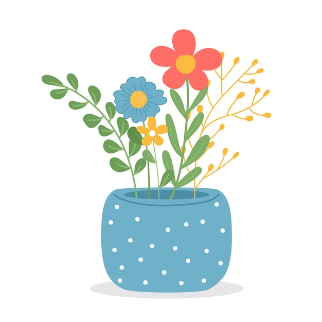 Vector flores en una ilustración vectorial de olla en estilo de dibujos animados plano