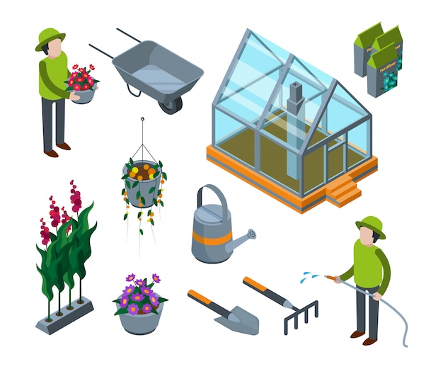 Flores de invernadero. Agrícola 3d casa de vidrio con plantas vegetales árboles frutales vivero isométrica s