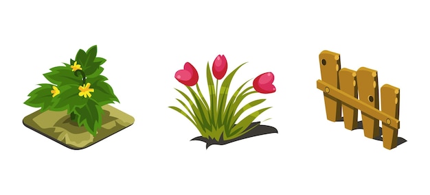 Flores de jardín y elementos naturales de la interfaz de usuario del juego de valla para videojuegos, videojuegos, vectores, ilustración, diseño web