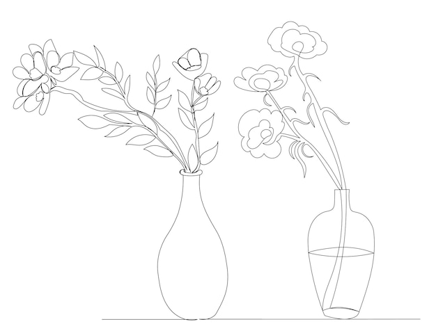 Flores en un jarrón un dibujo de línea continua vector aislado