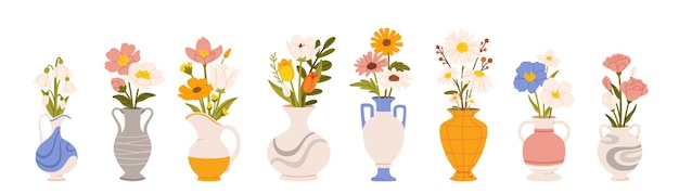 Flores en jarrones Ropa de flores de dibujos animados en jarrón de cerámica y botella de vidrio Plantas naturales y decoración en interiores Ropa de flor de celebración Colección vectorial