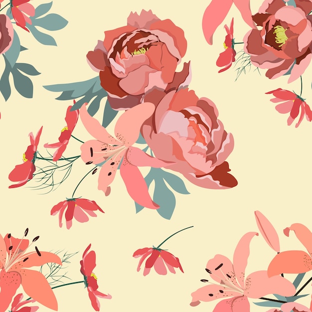 Flores kosmea lirio y peonías rosadas sobre fondo beige Ilustración vectorial sin costuras para decoración embalaje textil y papel pintado