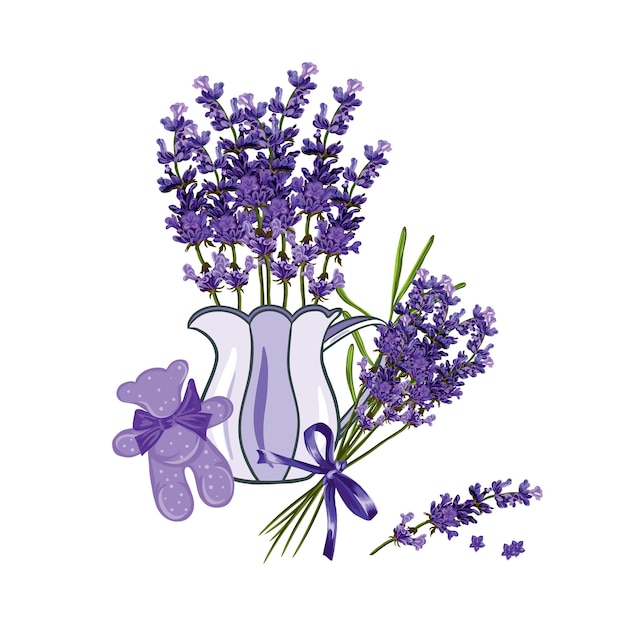 Flores de lavanda jarrón de oso perfumado con ramo Ilustración vectorial de lavanda púrpura Invitaciones de boda tarjetas de felicitación etiquetas y cubiertas