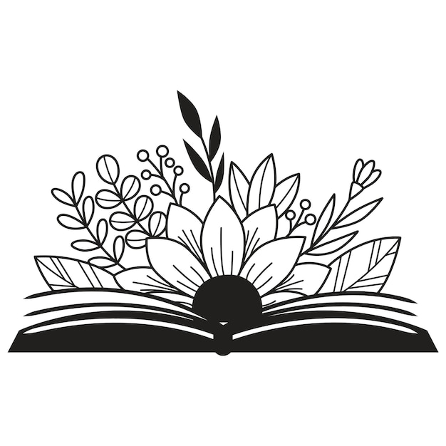 Flores y libro diseño svg silueta de libro floral juego libro abierto con flores silvestres