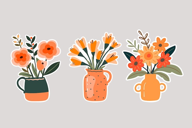 Flores lindas en jarrones Ilustración vectorial dibujada a mano en estilo de dibujos animados