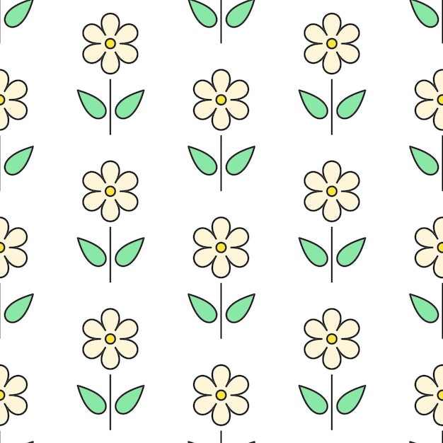Flores de línea amarilla con hojas verdes sobre fondo blanco patrón sin costuras vectorial