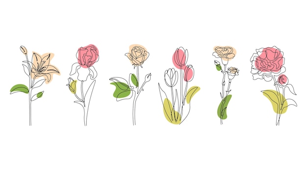 Flores de línea continua Resumen moderno una línea minimalista flores de primavera y verano en fila arte botánico dibujado a mano simple Ilustración vectorial boceto moderno flores de crecimiento natural