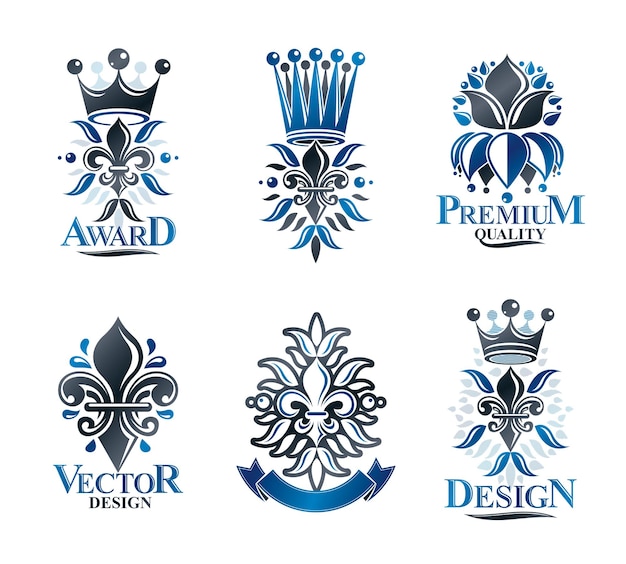 Flores de lirio Símbolos reales, florales y coronas, conjunto de emblemas. Logotipos decorativos del escudo de armas heráldico colección de ilustraciones vectoriales aisladas.