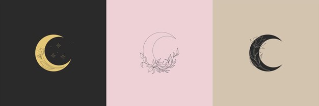 Flores de luna boho en un moderno cartel de impresión de estilo minimalista lineal o conjunto de tarjetas emblema de esquema o logotipo joyería cosmética belleza y tatuaje misterio femenino esotérico y astronomía ilustración vectorial