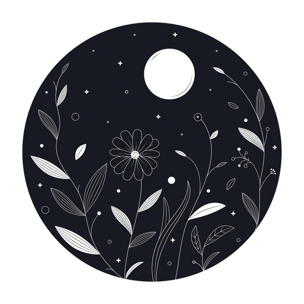 Vector flores y luna en estilo de línea mono arte para insignias emblemas parches camisetas ilustración vectorial