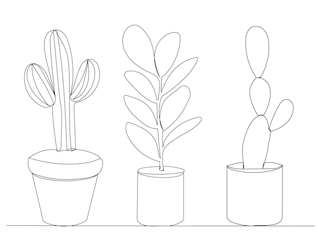 Flores en macetas vector de dibujo de línea continua