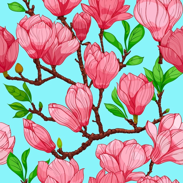Flores de magnolia de flor rosa sobre un fondo azul de patrones sin fisuras ilustración dibujada a mano