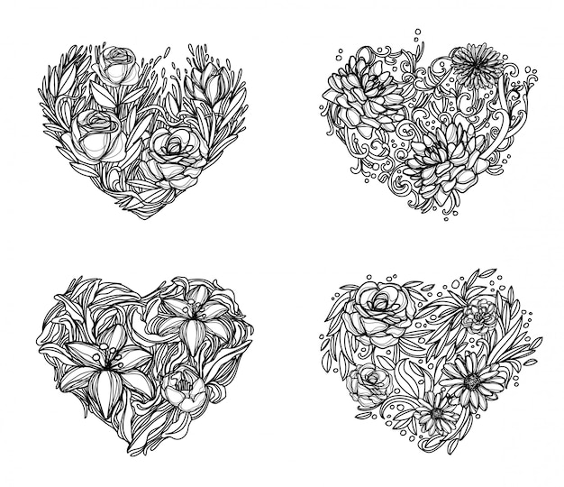 Flores a mano dibujo y croquis en blanco y negro.