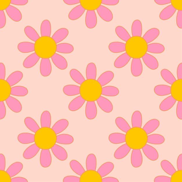 Flores de margarita de la vibra de 1970. Patrón transparente de vector en colores rosa y amarillo