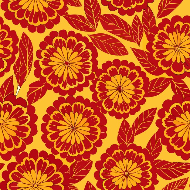 Flores margaritas de colores naranja y marrón con hojas verdes en un fondo claro patrón sin costuras