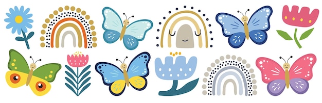 Las flores de mariposa de verano los arco iris personajes de dibujos animados de verano dibujados a mano aislados en la luz